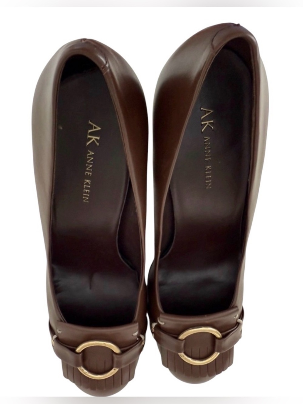 Anne Klein Brown Leather Pumps Size 8.5 Gold Ring Buckle Fringe New Without Box - Picture 9 of 13